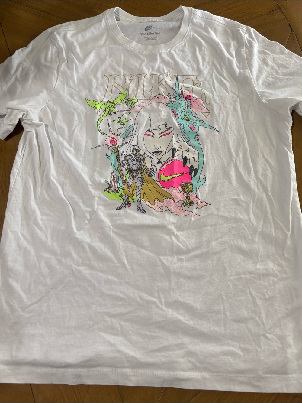 Nike White Graphic Short Sleeve Tee with Neon Pink & Green Art